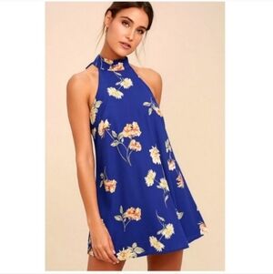 Lulus Darling Royal Blue Floral Halter Swing Dress